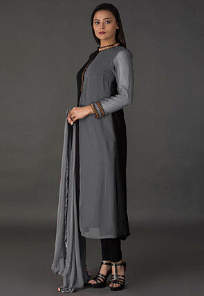 Color Blocked Georgette Straight Suit in Black and Grey