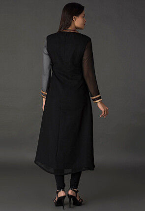 Color Blocked Georgette Straight Suit in Black and Grey