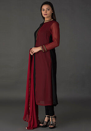 Color Blocked Georgette Straight Suit in Black and Maroon