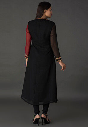 Color Blocked Georgette Straight Suit in Black and Maroon