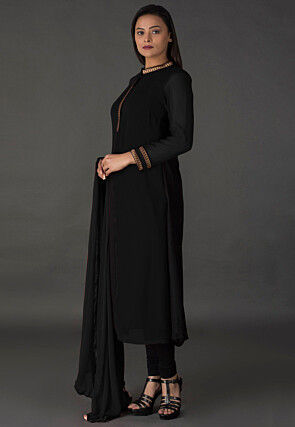 Color Blocked Georgette Straight Suit in Black