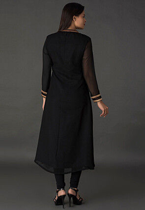 Color Blocked Georgette Straight Suit in Black