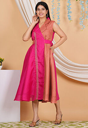 Color Blocked Kota Doria Flared Trench Dress in Fuchsia and Rust