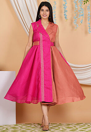 Color Blocked Kota Doria Flared Trench Dress in Fuchsia and Rust