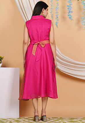 Color Blocked Kota Doria Flared Trench Dress in Fuchsia and Rust