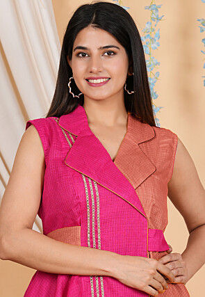 Color Blocked Kota Doria Flared Trench Dress in Fuchsia and Rust