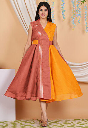 Color Blocked Kota Doria Flared Trench Dress in Rust and Orange