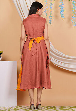 Color Blocked Kota Doria Flared Trench Dress in Rust and Orange