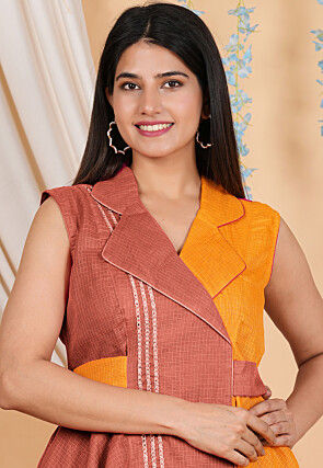 Color Blocked Kota Doria Flared Trench Dress in Rust and Orange