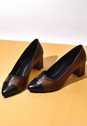 Color Blocked Leather Women Heels in Brown