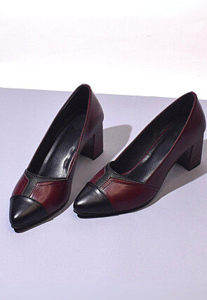 Color Blocked Leather Women Heels in Maroon