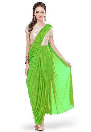 Color Blocked Lycra (Elastane) Saree Style Gown in Light Green