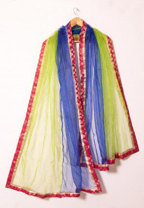 Color Blocked Net Dupatta in Light Green and Royal Blue