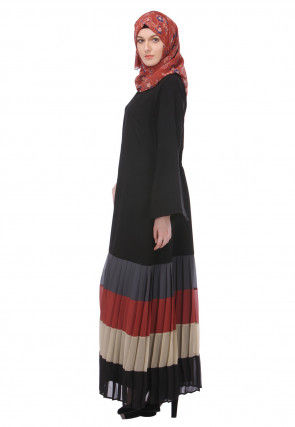 Color Blocked Nida Front Open Abaya in Black and Multicolor