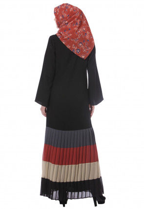 Color Blocked Nida Front Open Abaya in Black and Multicolor