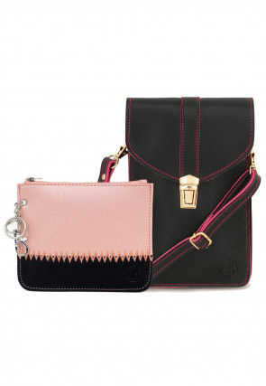 Color Blocked PU Mobile Sling Combo in Black and Peach