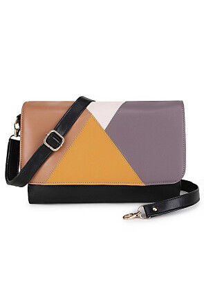Color Blocked PU Sling Bag in Black and Multicolor