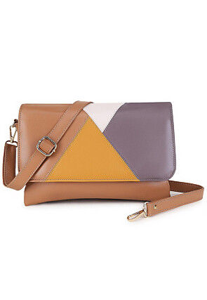 Color Blocked PU Sling Bag in Light Brown and Multicolor