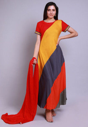 Color Blocked Rayon Abaya Style Suit in Multicolor