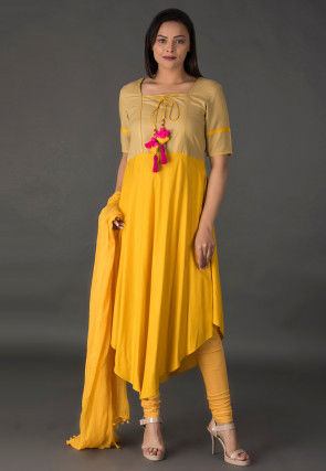 Color Blocked Rayon Asymmetric Suit in Mustard and Beige