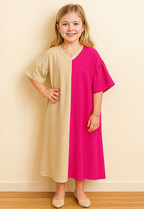 Color Blocked Rayon Maxi Dress in Beige and Fuchsia