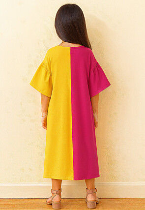 Color Blocked Rayon Maxi Dress in Fuchsia and Yellow