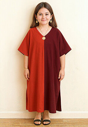 Color Blocked Rayon Maxi Dress in Orange and Maroon