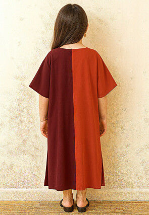 Color Blocked Rayon Maxi Dress in Orange and Maroon