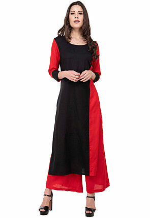 Color Blocked Rayon Pakistani Suit in Black and Red
