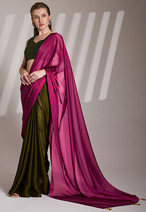 Half N Half Satin Georgette Saree in Fuchsia and Olive Green