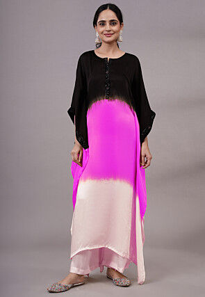 Color Blocked Satin Kaftan Set in Pink and Black
