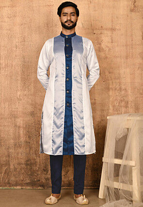 Color Blocked Satin Kurta Set in Grey and Off White