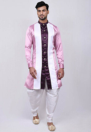 Color Blocked Satin Sherwani in Pink and Purple
