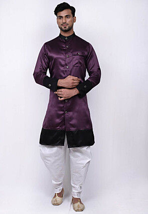 Color Blocked Satin Sherwani in Purple