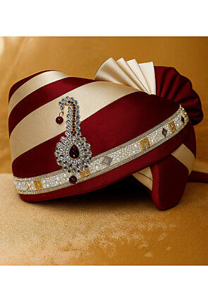 Color Blocked Satin Unisex Turban in Maroon and Beige