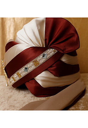 Color Blocked Satin Unisex Turban in Maroon and Beige