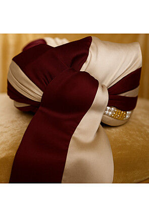 Color Blocked Satin Unisex Turban in Maroon and Beige