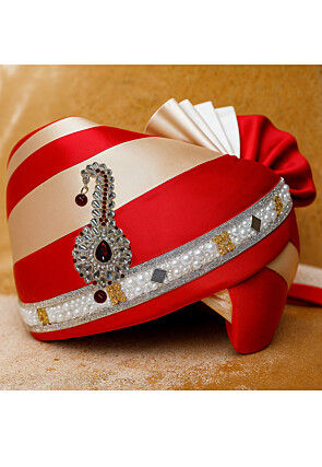 Color Blocked Satin Unisex Turban in Red and Beige
