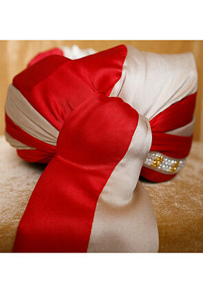 Color Blocked Satin Unisex Turban in Red and Beige