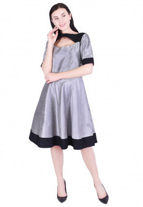 Color Blocked Dupion Silk A Line Dress in Grey and Black