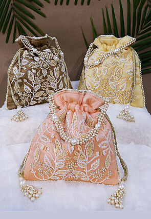 Combo Hand Embroidered Art Silk Potli Bag in Multicolor