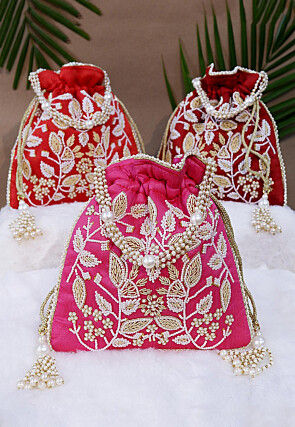 Combo Hand Embroidered Art Silk Potli Bag in Red and Pink