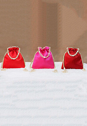 Combo Hand Embroidered Art Silk Potli Bag in Red and Pink