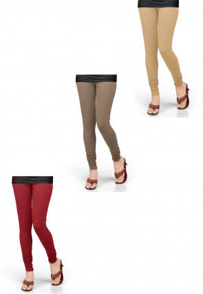 Combo of Solid Color Lycra Leggings in Dark Beige, Light Beige and Red