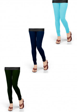 Combo of Solid Color Lycra Leggings in Blue and Green