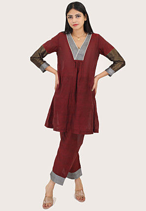 Contract Trims Pure Cotton Aline Kurta Set in Maroon