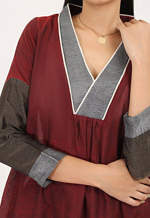 Contract Trims Pure Cotton Aline Kurta Set in Maroon