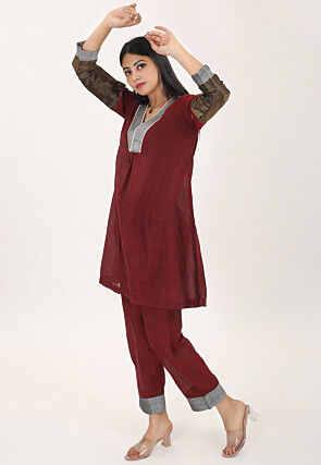 Contract Trims Pure Cotton Aline Kurta Set in Maroon