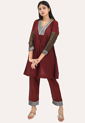 Contract Trims Pure Cotton Aline Kurta Set in Maroon