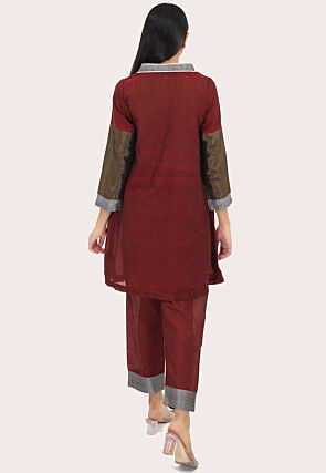Contract Trims Pure Cotton Aline Kurta Set in Maroon